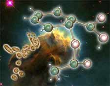 Composite image of a nebula, bacteria and an organic compound