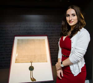 A Buckingham student with the Magna Carta