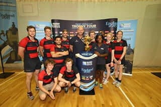 Rugby team and Webb Ellis Trophy with Lawrence Dallaglio