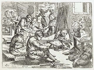 Odoardo Fialetti, Artist’s Studio, c. 1608, frontispiece from Il vero modo et ordine per dissegnar tutte le parti et membra del corpo humano, Venice, 1608.
