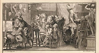 Benoît-Louis Prévost after Charles-Nicolas Cochin the younger, A Drawing School, plate 1, illustrating the entry ‘Dessein’ from Denis Diderot and Jean Le Ronde D’Alambert, Encyclopédie …, Recueil de planches, sur les sciences, les art libéraux, et les arts méchaniques …, Paris, 1763, vol. 20.