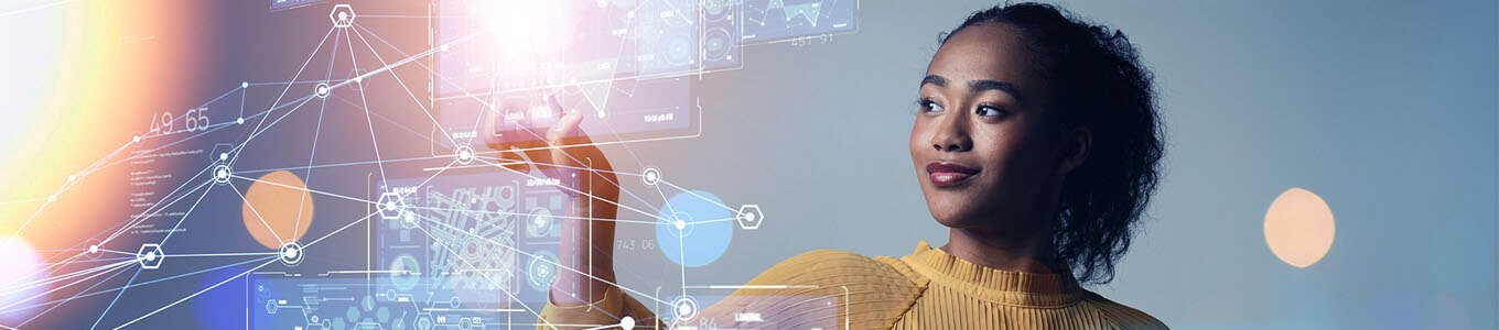 Woman working with digital data in futuristic image