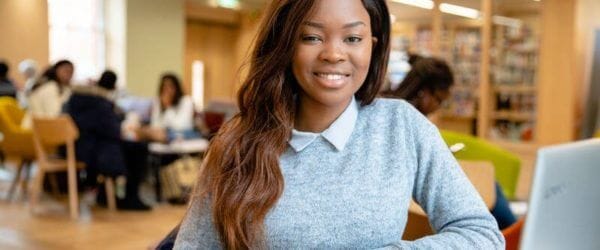 Female student in the Vinson Building