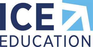 ICE Education logo - ICE Education in dark blue text with light blue arrow to the right