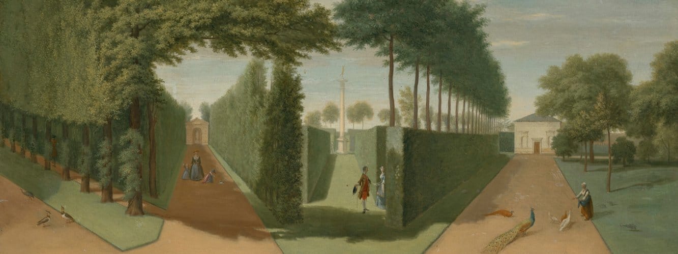 The allées in the gardens of Chiswick House, with a view of the Rustic House, the Doric Column and the Deer House by Pieter Andreas Rysbrack (Flemish, 1690-1748)