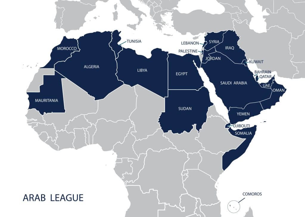 Map of Arab League member states: Algeria, Bahrain, Comoros, Djibouti, Egypt, Iraq, Jordan, Kuwait, Lebanon, Libya, Mauritania, Morocco, Oman, Palestine, Qatar, Saudi Arabia, Somalia, Sudan, Syria, Tunisia, United Arab Emirates, Yemen.