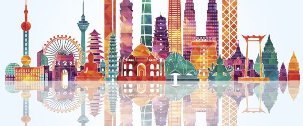 Multi-colour illustration of Asian landmarks