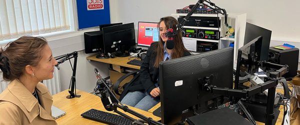 Two University of Buckingham students broadcasting at 3Bs radio