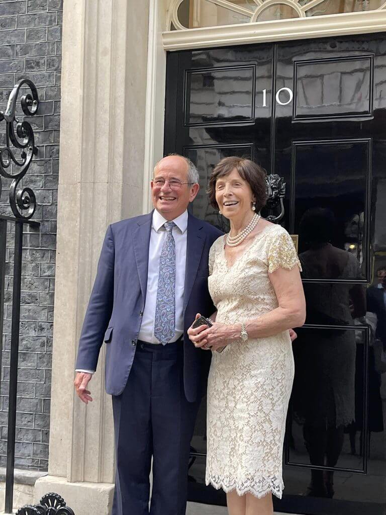 Professor James Tooley and Dame Mary Archer outside of No 10 Downing Street
