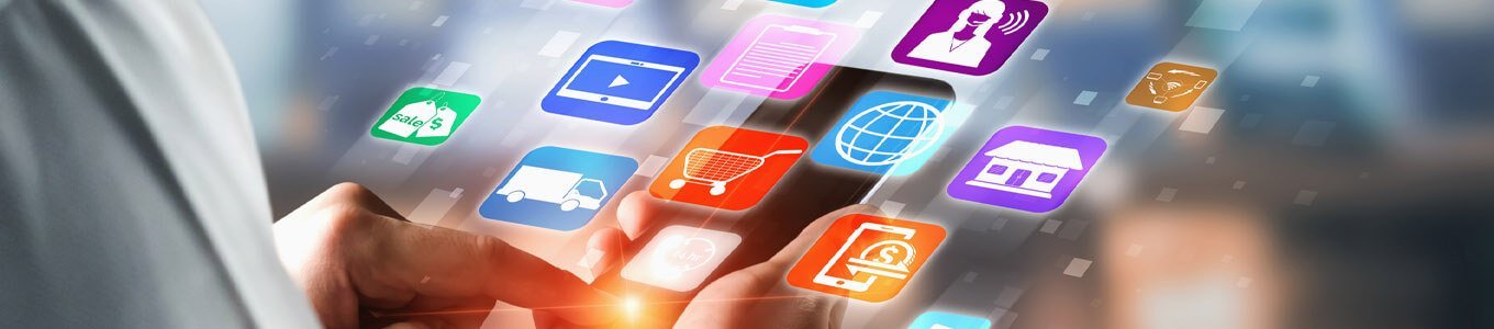 Modern and digitalised view of various marketing icons overlaid on smartphone