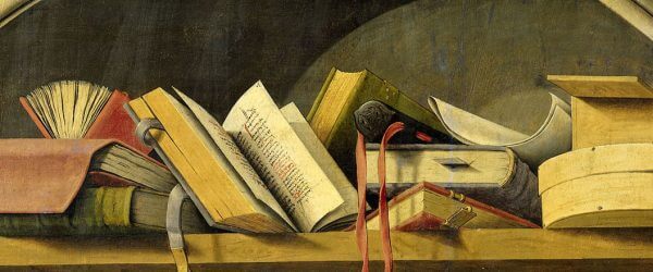 Still Life with Books in a Niche, Barthélémy d'Eyck, 1442-1445, image source Rijksmuseum, Amsterdam.