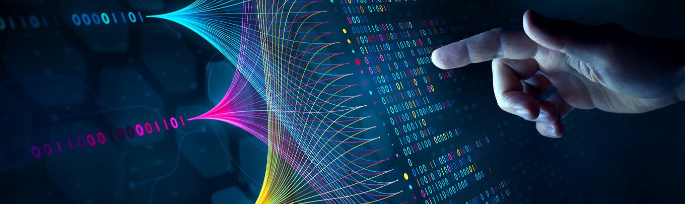 Person's hand pointing to holographic computing data in futuristic, technological image