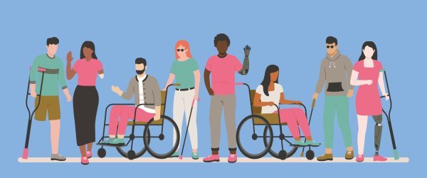 Illustrative-style image showing group of people, with various disabilities