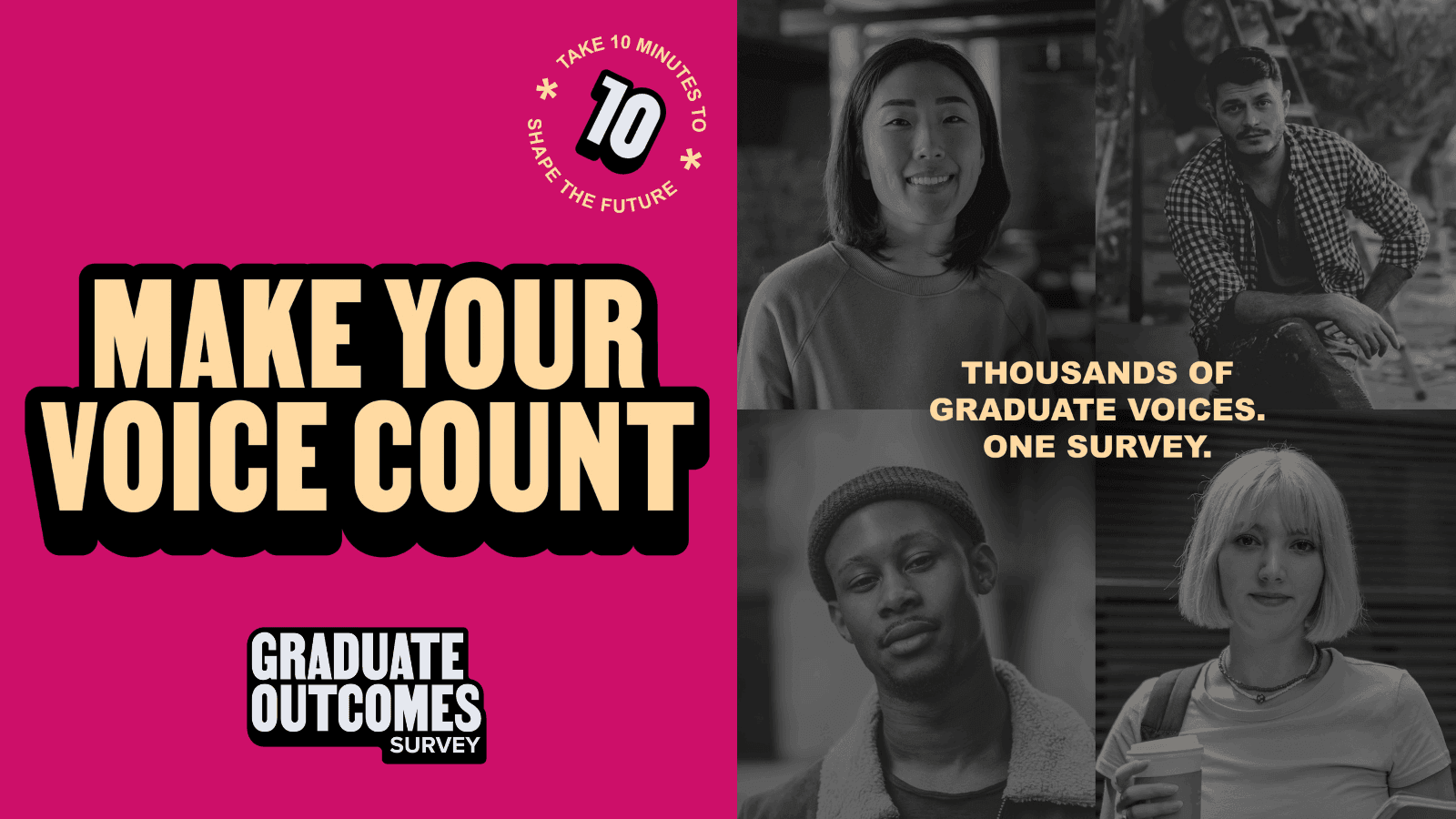 Make your voice count - Graduate Outcomes Survey logo, next to four square images of students in black and white, with text overlay: THOUSANDS OF GRADUATE VOICES. ONE SURVEY.