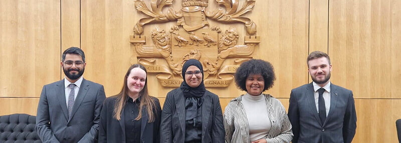 Wajahat Mahmood, Tessa de Klerk, Zainab Hameed, Mikala Allen, and Cameron Still at Semi-Final of OUP and ICCA National Mooting Competition