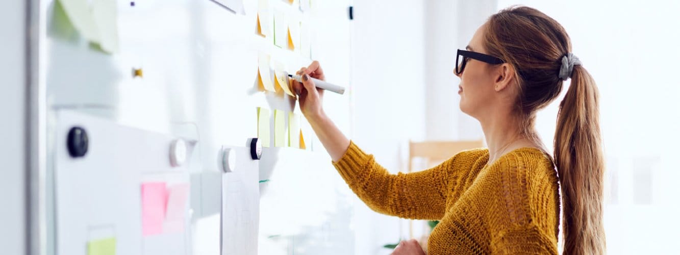 Teacher writing on white board with other notes and post notes