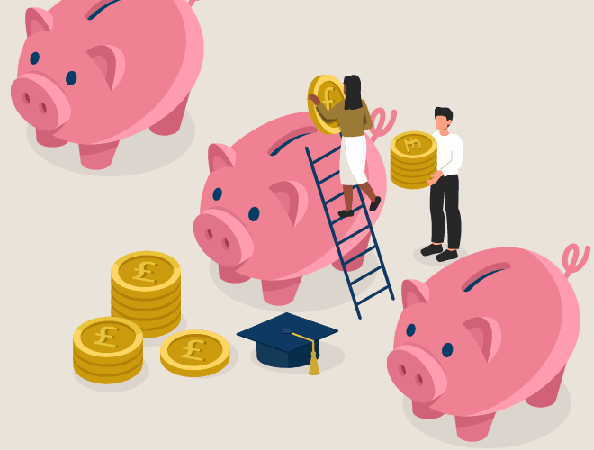 Scholarship illustration of people putting money into a piggy bank.