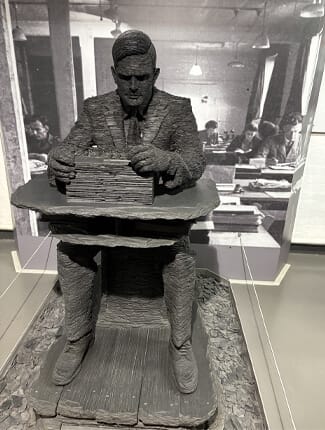 Slate statue of Alan Turing at Bletchley Park