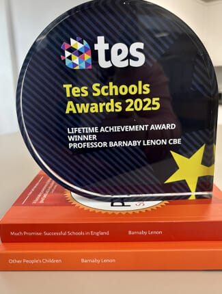 Award atop Professor Barnaby Lenon's published books. The award reads: 'Tes Schools Awards 2025 Lifetime Achievement Award Winner Professor Barnaby Lenon'.