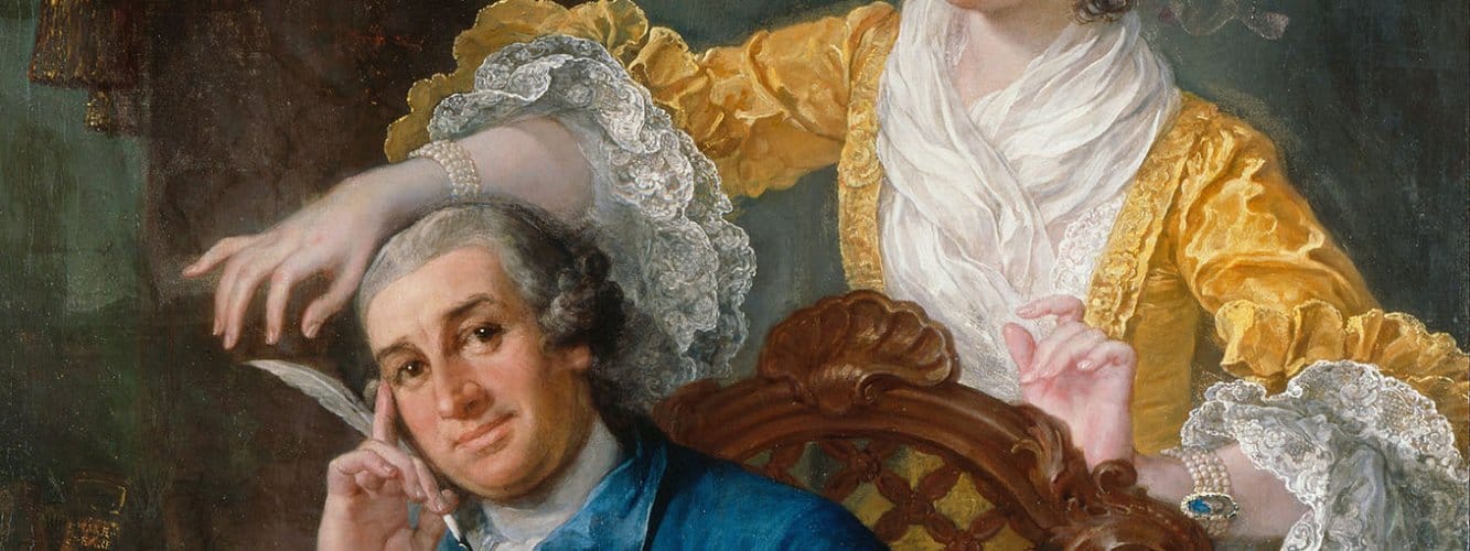 1757 - 1764 oil painting of David Garrick, seated with quill in hand and his wife Eva behind him.