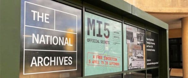 Front of the MI5 National Archives section of the building with modern, green design.