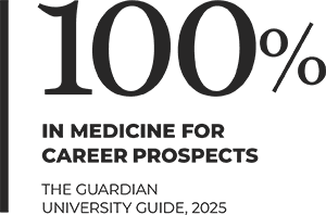100% in Medicine for Career Prospects, The Guardian University Guide 2025, charcoal