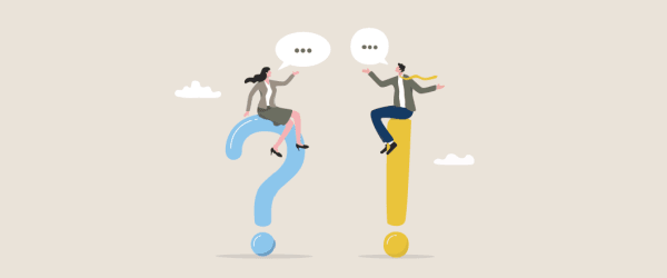 Illustration of woman sitting on a question mark and a man sitting on an exclamation mark, both people have speech bubbles with '...' whilst sitting amongst two clouds, signifying deep discussion.