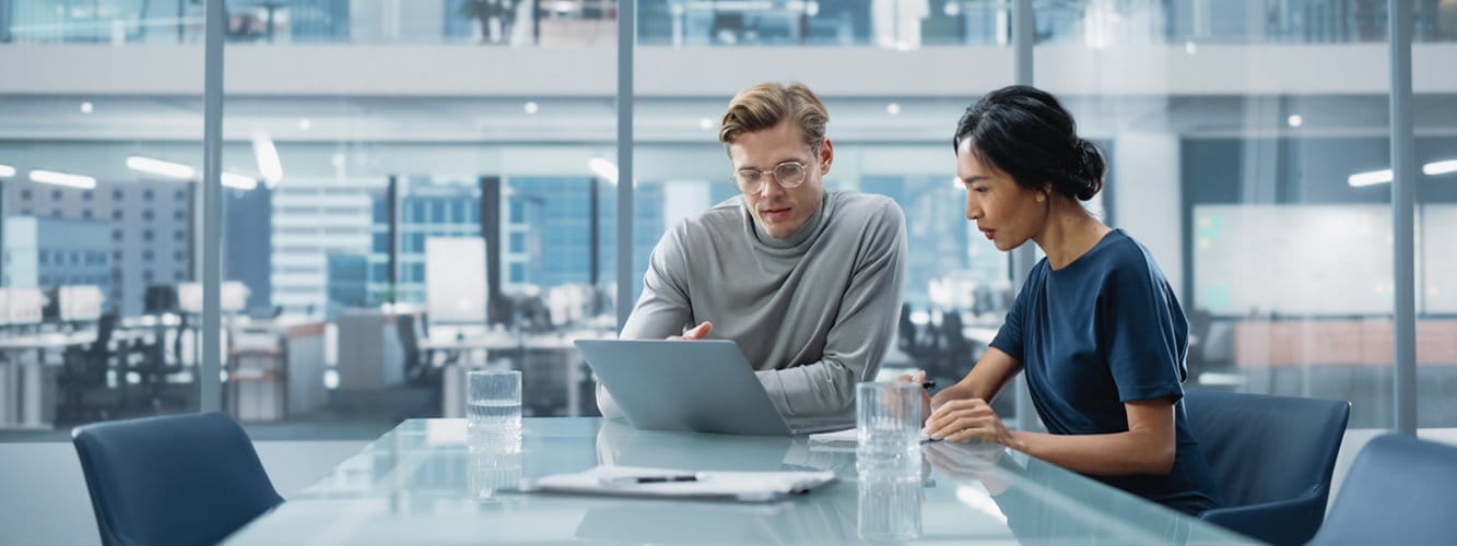 Two young finance professional collaborating in modern, office meeting room.