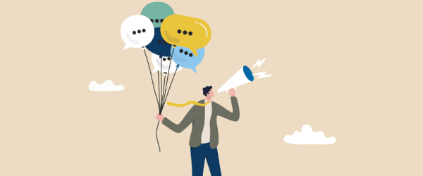 Illustration of man shouting through megaphone, holding balloons with punction marks in them
