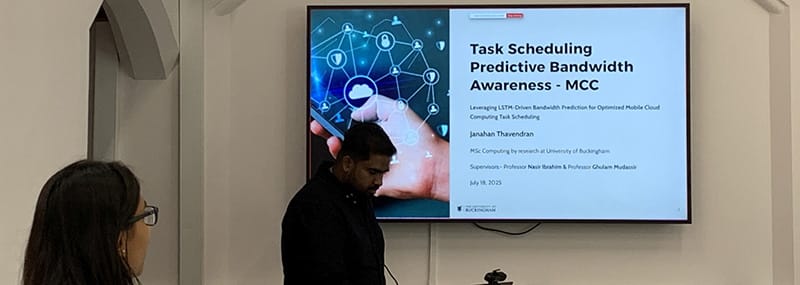 Janahan starting on his presentation: Task Scheduling with Predictive Bandwidth Awareness (TSPBA) in mobile-cloud computing