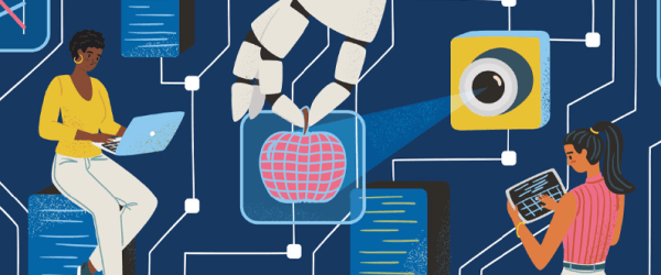 Illustration-style image that connotes women working in tech; woman working on laptop, robot hand plucking digital-style apple, woman working with data on tablet
